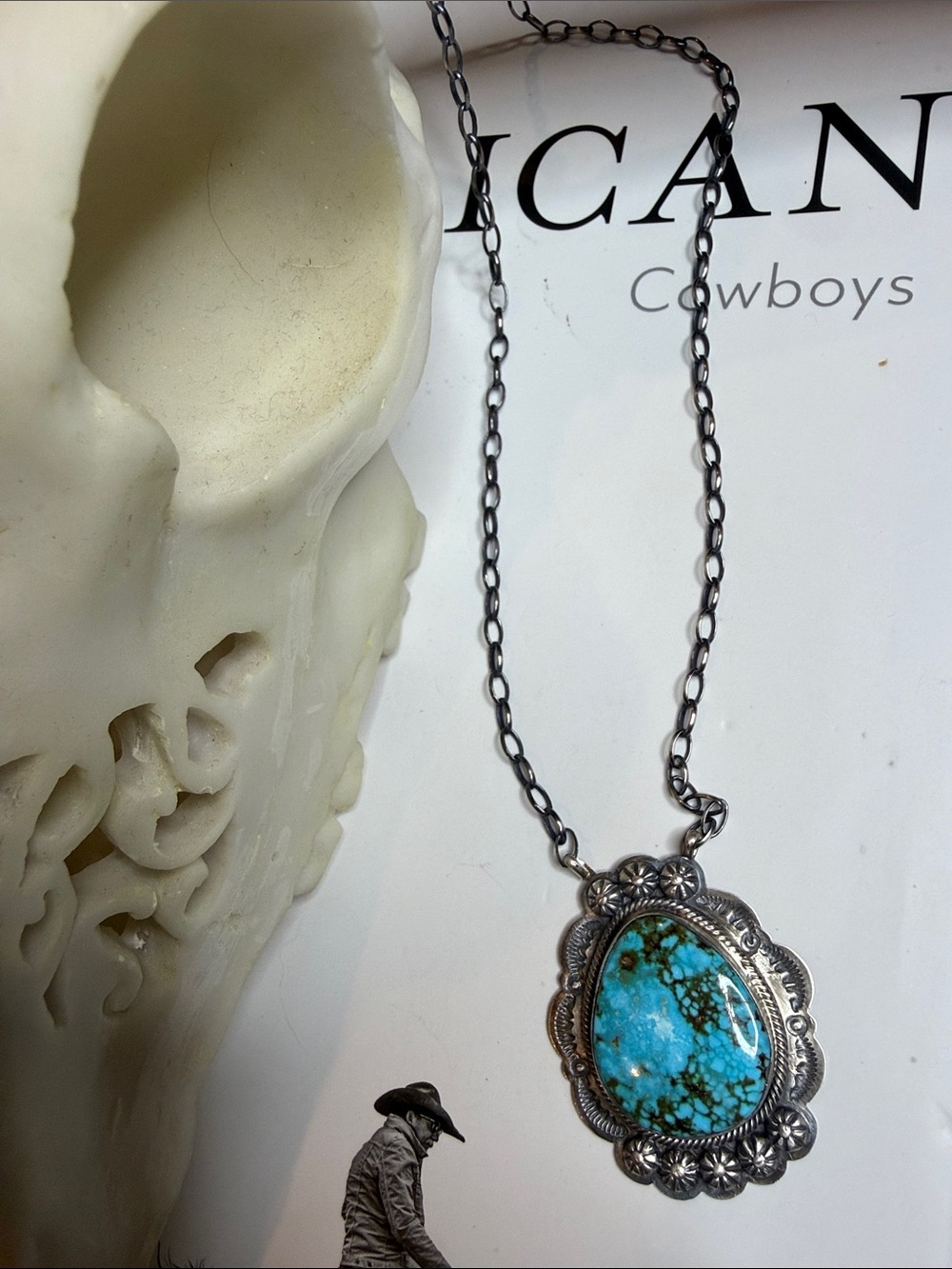 Sterling Silver Turquoise Navajo Pendant Necklace - Web Kingman -  Lester Kee